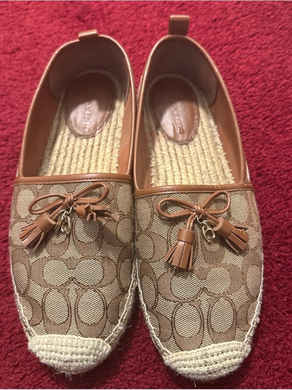 Coach Tan Signature Canvas Espadrille Loafers with Tassels
